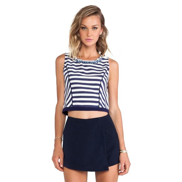J.O.A. Revolve Navy Blue White Striped Embellished Crop Top Women's Size Small - Picture 1 of 7